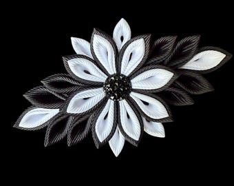 Fermaglio per capelli con fiore Kanzashi bianco e nero - Nastro grosgrain