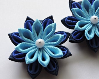 Kanzashi Fabric Flowers. Set of 2 hair clips.NAVY,ROYAL,BLUE .