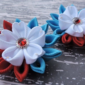 Kanzashi Fashion Fabric. Set of 2 hair clip. 4th of July Flower.