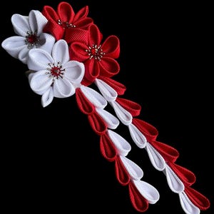Handmade Tsumami Kanzashi Hair Clip: Red & White Kimono Hair Accessory