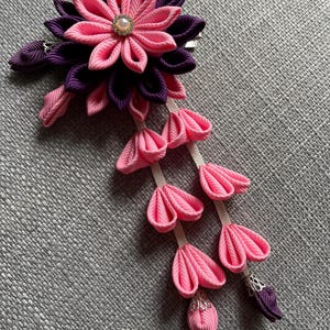 Kanzashi flowers. Japanese hair clip. Flowers hair clip with falls.