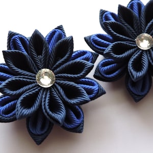 Kanzashi Fabric Flowers. Set of 2 hair clips. NAVY and ROYAL .