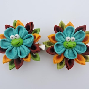 Kanzashi Fabric Flowers. Set of 2 hair clips. Fall Flowers.
