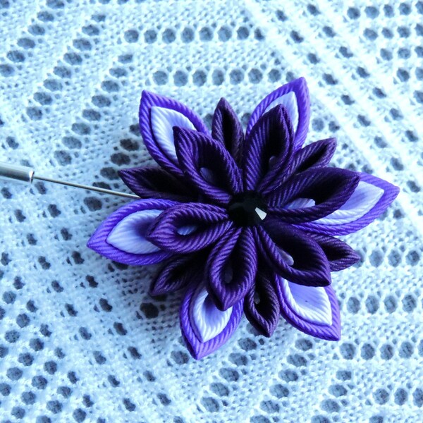 Men's Flower Lapel Pin. Kanzashi flower lapel pin. Edelweiss Wedding Boutonniere. Purple Flower.