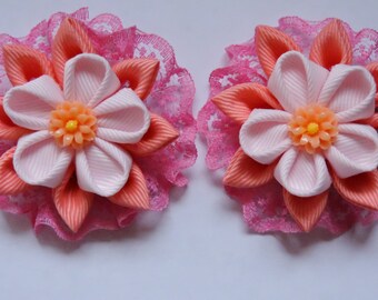Kanzashi Fabric Flowers. Set of 2 hair clips.