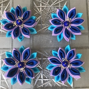 Kanzashi Flower Hair Clip: Blue Purple Grosgrain Ribbon, Japanese Style