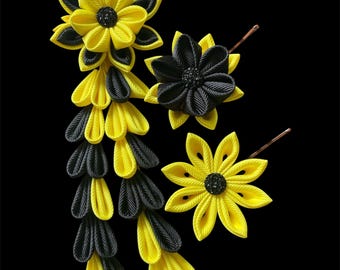 Set di fermagli per capelli a forma di fiore Kanzashi gialli e neri: accessori per capelli giapponesi fatti a mano.