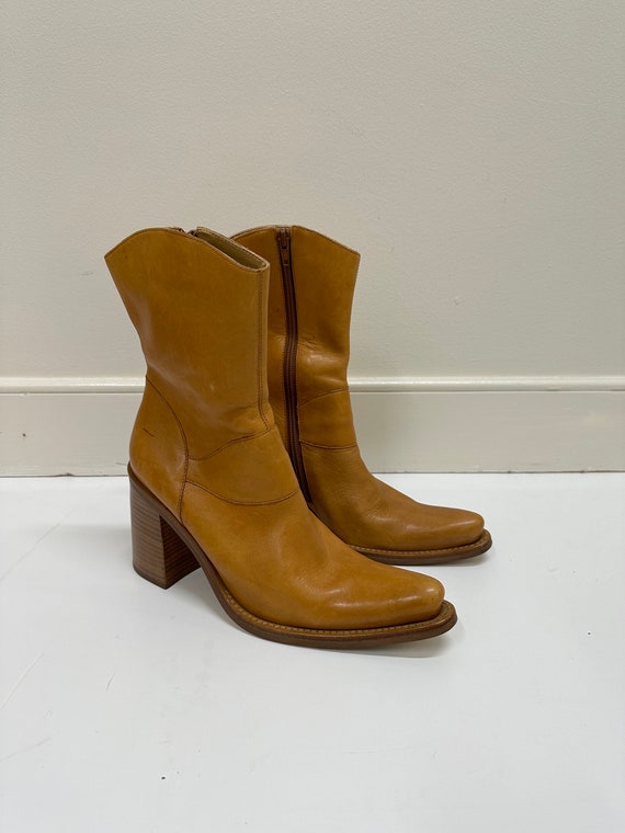 Tan leather square pointed  ankle Cowgirl boots - image 2