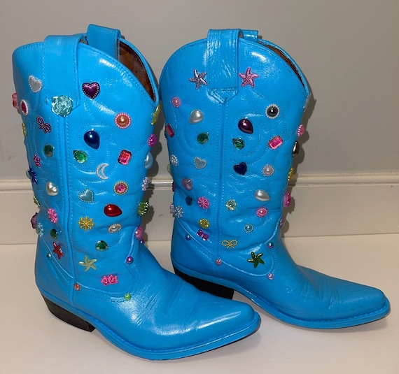 Blue Upcycled Embellished Cowgirl Boots Etsy UK