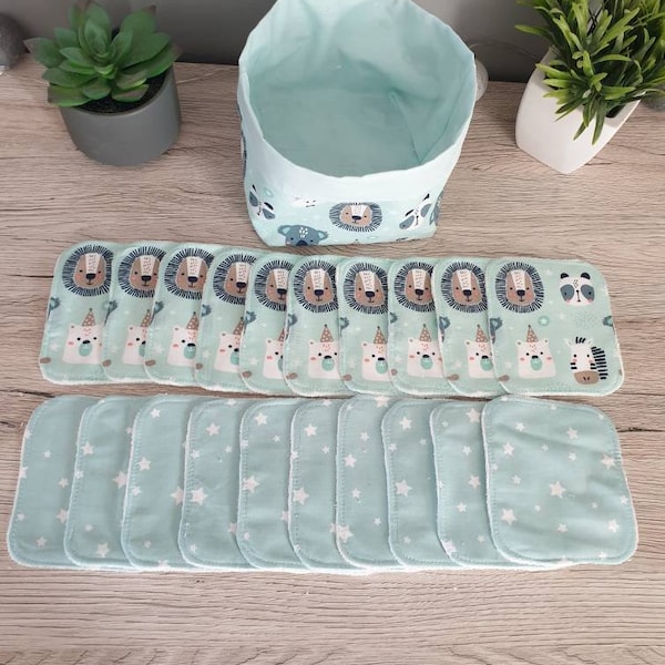 lingettes lavables x20 avec  panière animaux lion