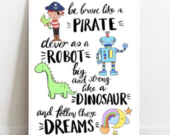 Boys Bedroom Nursery Print Pirate Dinosaur Robot wall art