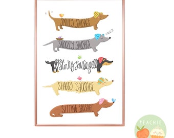 Dachshund Sausage Dog Art Print, Whimsical Wall Decor