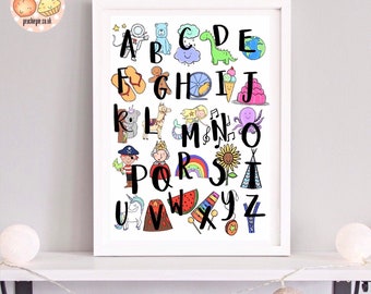 Alphabet illustration wall art nursery decor childrens room decor