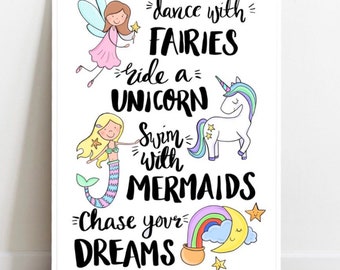 Girls Fairy Unicorn Mermaid Bedroom Illustration Print wall Art