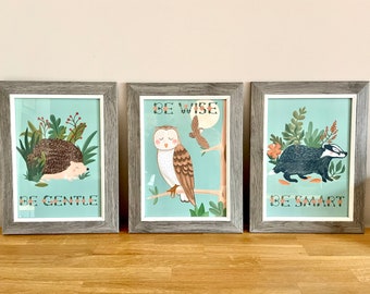 Woodland Animal Nursery Decor Trio Owl Badger and Hedgehog