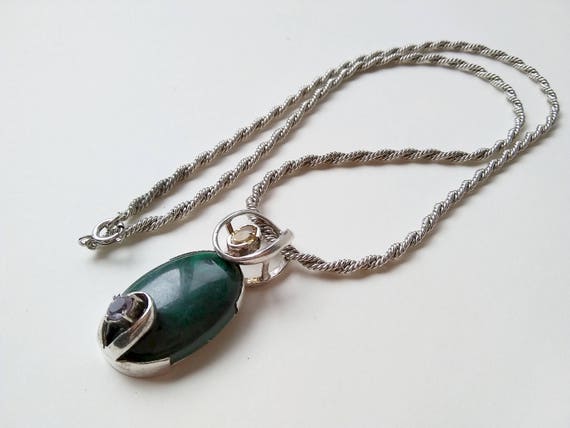 Modernist Sterling Silver Malachite/Amethyst/Citr… - image 1