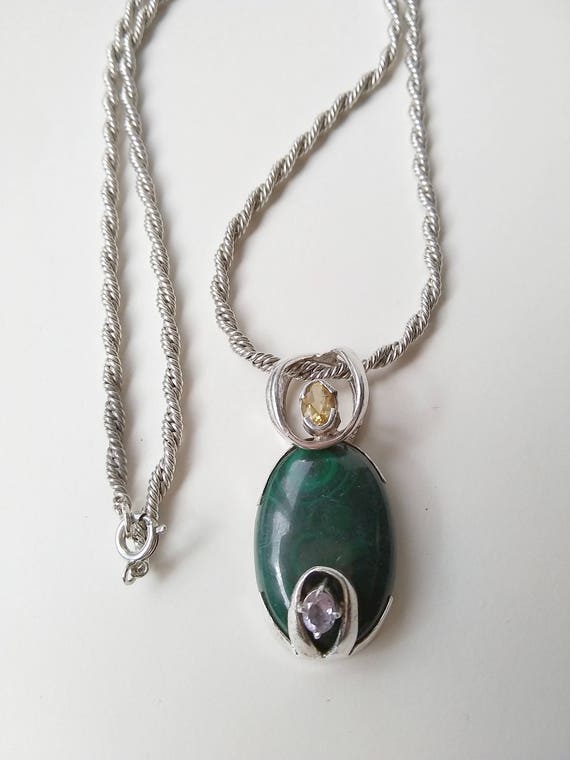 Modernist Sterling Silver Malachite/Amethyst/Citr… - image 3