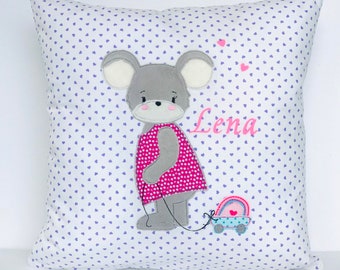 Kissen mit Namen Maus Kinderkissen Kuschelkissen Personalisiertes Kissen zur Geburt Taufe Babyparty  40x40 lila Herz