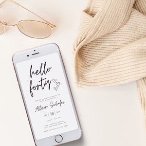Hello Forty Minimalist 40th Birthday Party Digital e-Invite, Adult Birthday, Women's, Modern Birthday Template