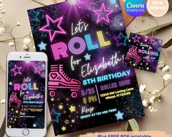 Retro Neon Roller Skate Birthday Invitation, Editable Template (Digital Download)
