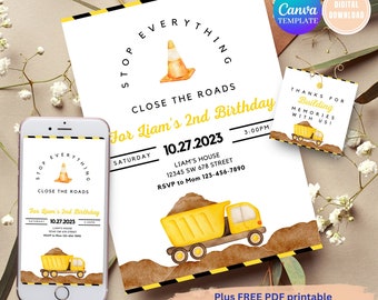 Convite de aniversário de construção EDITÁVEL, convite de festa de aniversário de construção, convite de aniversário digital, canva de aniversário de menino