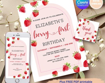 Berry First Birthday Invitation, Berry First Birthday Digital Invitation Birthday, Strawberry First Birthday Invite Invitation Templates
