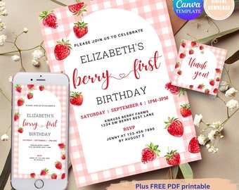 EDITIERBARE Rosa Gingham Beere Einladung zum ersten Geburtstag, digitale Einladung zum ersten Geburtstag Berry, Erdbeere Einladung zum ersten Geburtstag