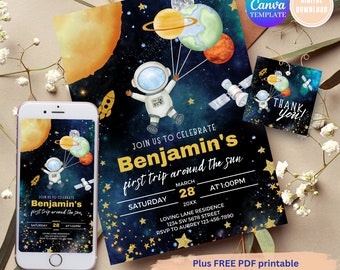 Editable Space First Birthday Invitation, Astronaut 1st Trip Around The Sun (Digital Download)