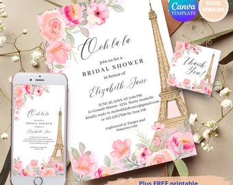 May include: A pink and white bridal shower invitation with a watercolor Eiffel Tower and floral design. The invitation reads "Ooh la la" and includes the text "Join us for a Bridal Shower in honor of Elizabeth Jane".
