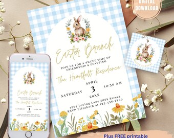 EDITABLE Blue Gingham Invite, Brunch Invite, Easter Party Invitation, Easter Egg Hunt Invitation, Easter Scavenger Hunt for Kids, Bunnies