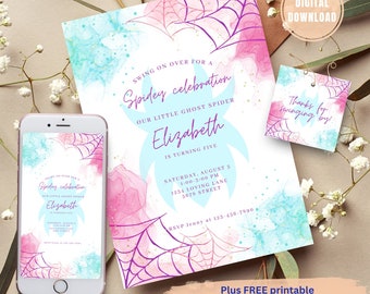 EDITABLE UNIQUE Spider Super Hero Birthday Invitation, Hot Pink Birthday Invite, Girl Birthday Invitation, Watercolor Invitation, Digital