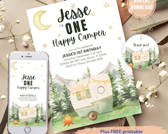 Editable One Happy Camper 1st Birthday Invitation (Digital Download)