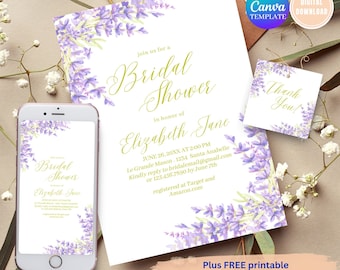 May include: Printable bridal shower invitation with lavender floral design. The invitation includes the text "Join us for a Bridal Shower in honor of Elizabeth Jane" and details for the event. It also includes a thank you tag with lavender floral design.