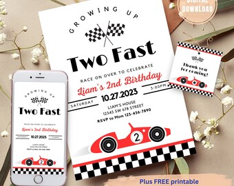 May include: A printable invitation for a 2nd birthday party with a racing car theme. The invitation features a red race car with a checkered flag background and the text "Growing Up Two Fast Liam's 2nd Birthday 10.27.2023".
