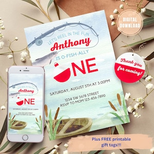 EDITIERBARE Angeln Geburtstagseinladung, The Big One Birthday Evite, O-Fish-Ally Erste Geburtstagseinladung Digitale Einladung Geburtstag