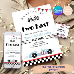 TWO Fast Birthday Invitation, Blue Vintage Race Car Birthday, Two Fast Birthday Invite, Retro Race Car Birthday Editable Digital Download