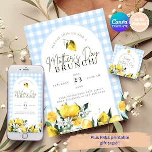 Zitronenblaue Gingham-Muttertags-Einladung Boho laden Muttertags-Brunch-Party einladen für Muttertag für Mütter Digital einladen
