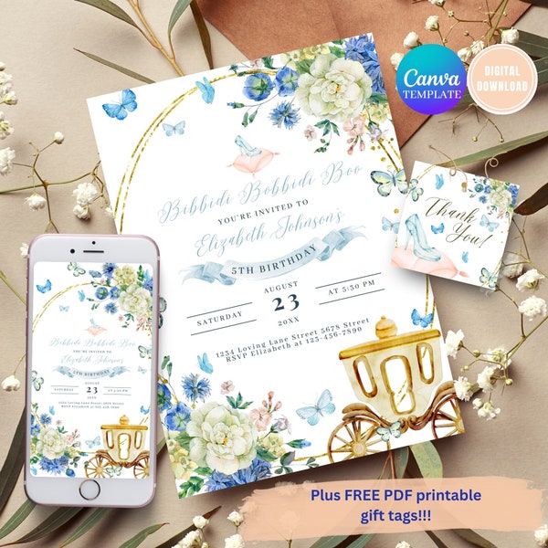 Watercolor Cinderella Birthday Invite, Princess Birthday Invitation, Elegant Girl Birthday Party Invites, Cinderella Invitation, Template