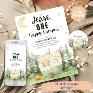 EDITABLE One Happy Camper Birthday Invitation, Retro Camping 1st Birthday, Digital Invitation Birthday Forest Outdoor First Birthday Invite