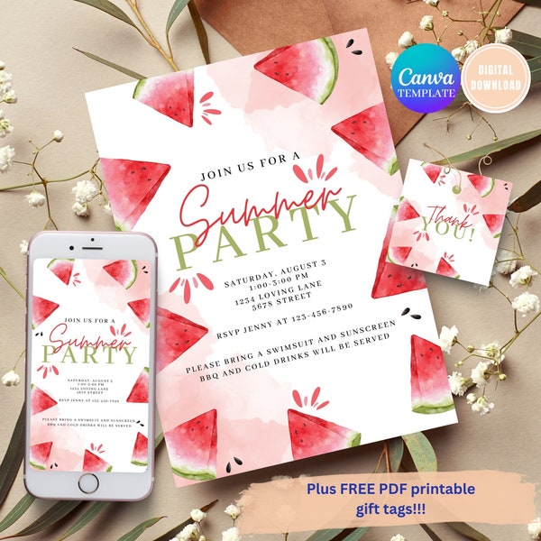 Fun Watermelon Theme Pool Party Invitation Barbecue Invite Editable Digital Template