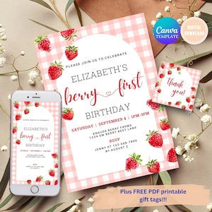 EDITABLE Pink Gingham Berry First Birthday Invitation, Berry First Birthday Digital Invitation Birthday, Strawberry First Birthday Invite