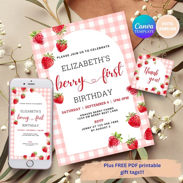 EDITABLE Pink Gingham Berry First Birthday Invitation, Berry First Birthday Digital Invitation Birthday, Strawberry First Birthday Invite