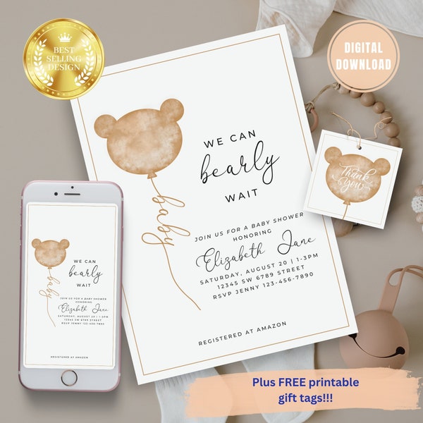 MODIFIABLE We can Bearly Wait Baby shower, Faire-part de baby shower, ours en peluche, Faire-part de baby shower, ours ballon