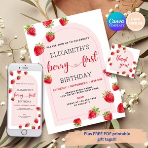 Berry First Birthday Invitation, Berry First Birthday Digital Invitation Birthday, Strawberry First Birthday Invite Invitation Templates