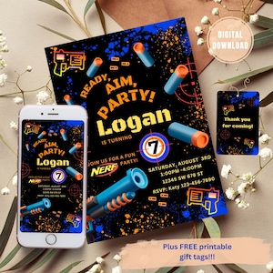 May include: A digital printable invitation for a Nerf party with a black background, orange and blue accents, and the text "Ready, Aim, Party! Logan is turning 7. Join us for a fun Nerf party! Saturday, August 3rd 1:00PM-4:00PM 12345 SW 678 ST RSVP: Katy 123-456-7890".