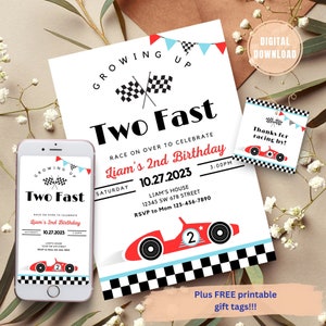TWO Fast Birthday Invitation Vintage Race Car Birthday Two Fast Birthday Invite Retro Race Car Birthday Editable Digital Download Invitation image 1