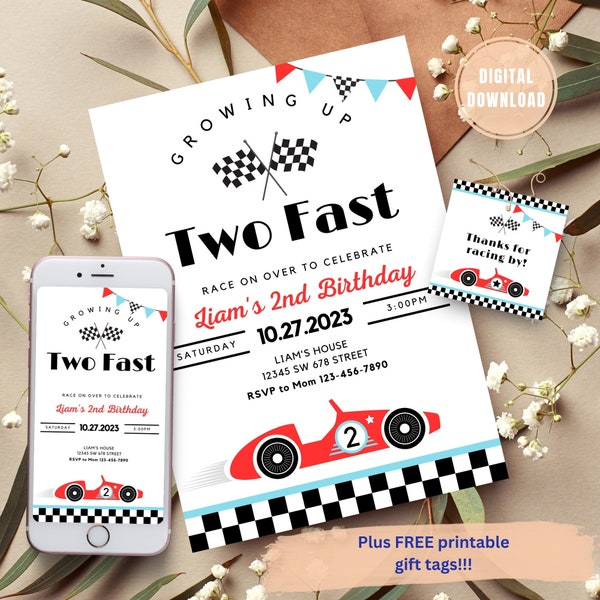 TWO Fast Birthday Invitation Vintage Race Car Birthday Two Fast Birthday Invite Retro Race Car Birthday Editable Digital Download Invitation