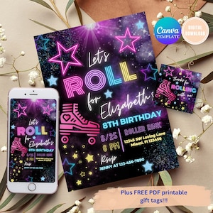 Roller Skate Birthday Invitation, Skate Party Birthday Invitation, Party Invitation Girl Roller Skating, Retro Neon Lights Editable Template