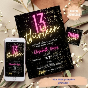 EDITABLE Neon Birthday Invitation, Pink Birthday Invitation, 13th Birthday Invitation, Birthday Invitation, 14 Year Old Girl Birthday