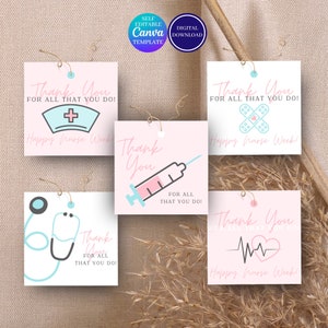 VERPLEEGKUNDIGE waardering cadeau tags, Happy Nurses Week cadeau tags, bewerkbare afdrukbare verpleegster tags, verpleegster week geschenken, verpleegkundige waardering week cookies